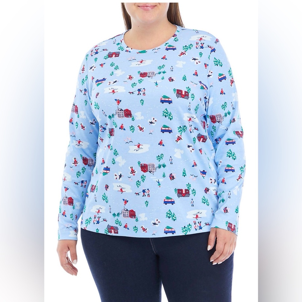 Kim Rogers Snowy Trail Cotton Christmas Long Sleeve Pullover NWT, 1X